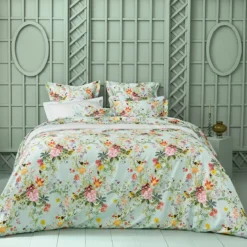 Housse de couette satin de coton 115 g/m² imprimé multicolore Primavera vert d'eau