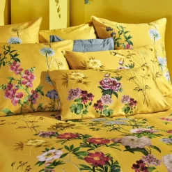 Housse de couette satin de coton imprimé jaune Mesanges curry