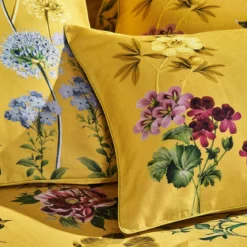 Housse de couette satin de coton imprimé jaune Mesanges curry