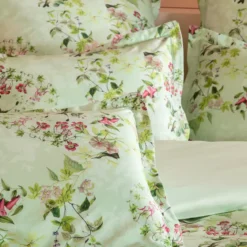 Housse de couette satin de coton imprimé multicolore vert Foliage vert d'eau