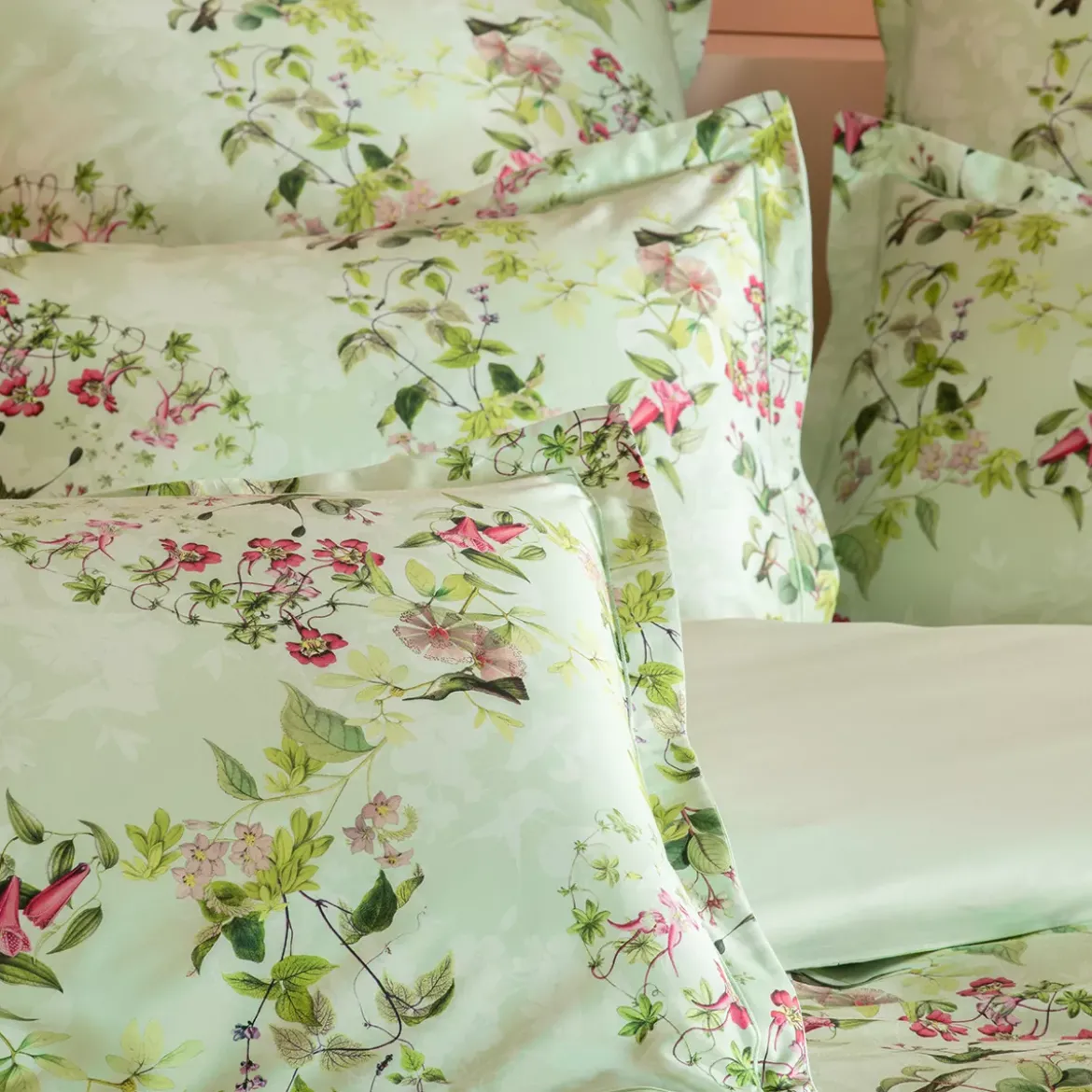 Housse de couette satin de coton imprimé multicolore vert Foliage vert d'eau