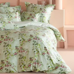 Housse de couette satin de coton imprimé multicolore vert Foliage vert d'eau