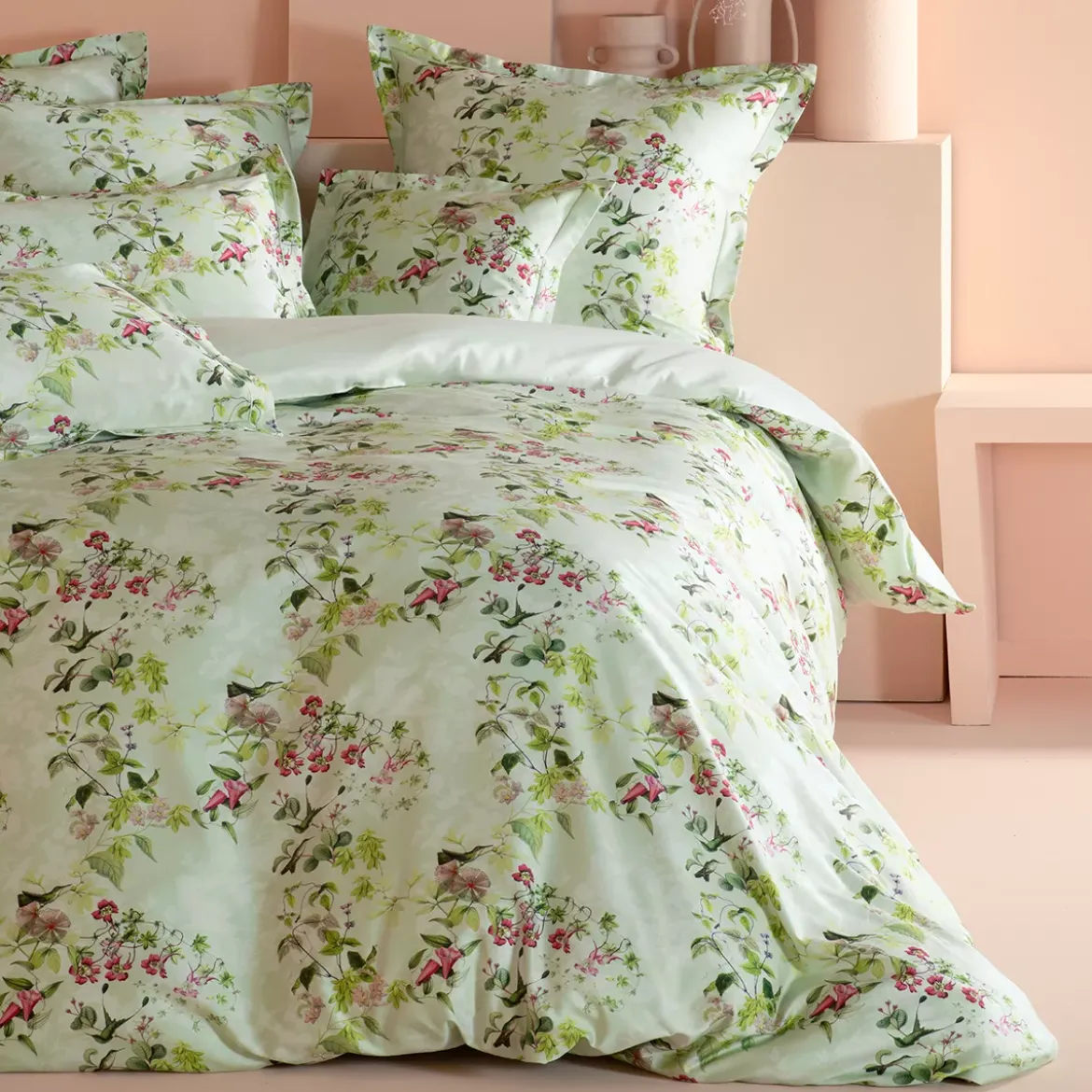 Housse de couette satin de coton imprimé multicolore vert Foliage vert d'eau