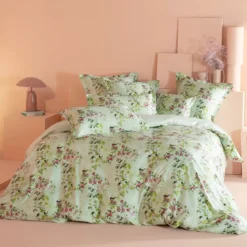 Housse de couette satin de coton imprimé multicolore vert Foliage vert d'eau