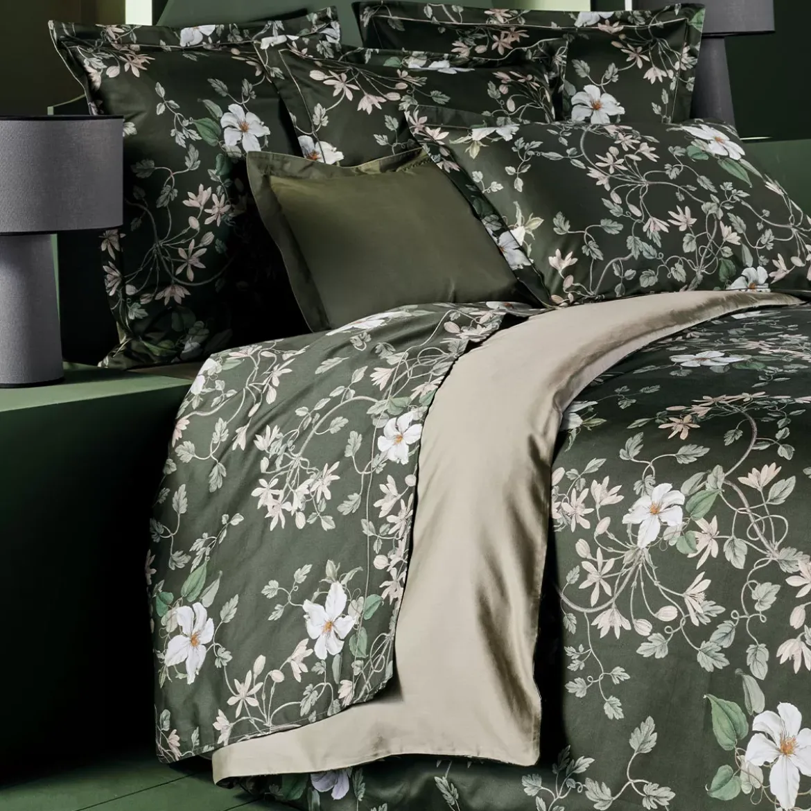 Housse de couette satin de coton imprimé vert Gardenias mousse