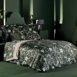 Housse de couette satin de coton imprimé vert Gardenias mousse