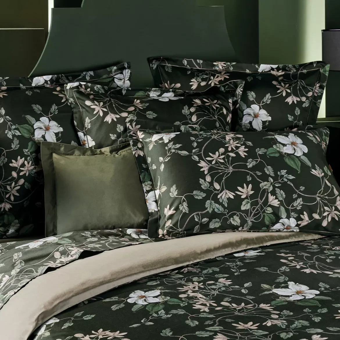 Housse de couette satin de coton imprimé vert Gardenias mousse