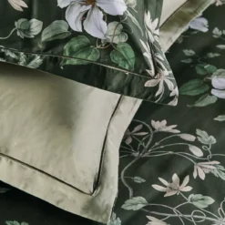 Housse de couette satin de coton imprimé vert Gardenias mousse