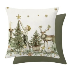 Housse de coussin lin & coton 165 g/m² imprimé jaune vert Noel vintage dore