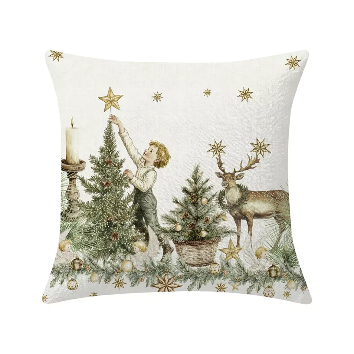 Housse de coussin lin & coton 165 g/m² imprimé jaune vert Noel vintage dore