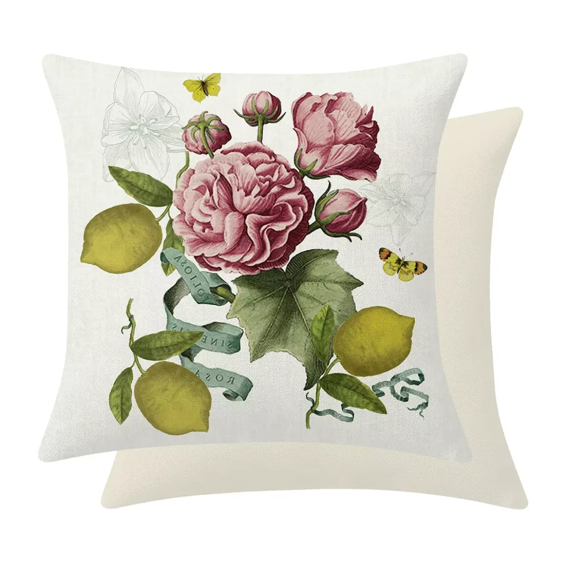 Housse de coussin lin & coton 165 g/m² imprimé rose jaune Citrons de menton romance