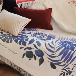 Jete de canape pur coton motif jacquard bleu rouge Tangerine pampa