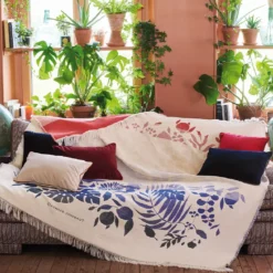 Jete de canape pur coton motif jacquard bleu rouge Tangerine pampa