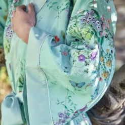 Kimono court satin de coton 115 g/m² imprimé bleu vert Le printemps azur