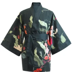 Kimono court satin de coton imprimé bleu Parfums crepuscule