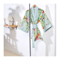 Kimono court satin de coton imprimé multicolore Primavera vert d'eau