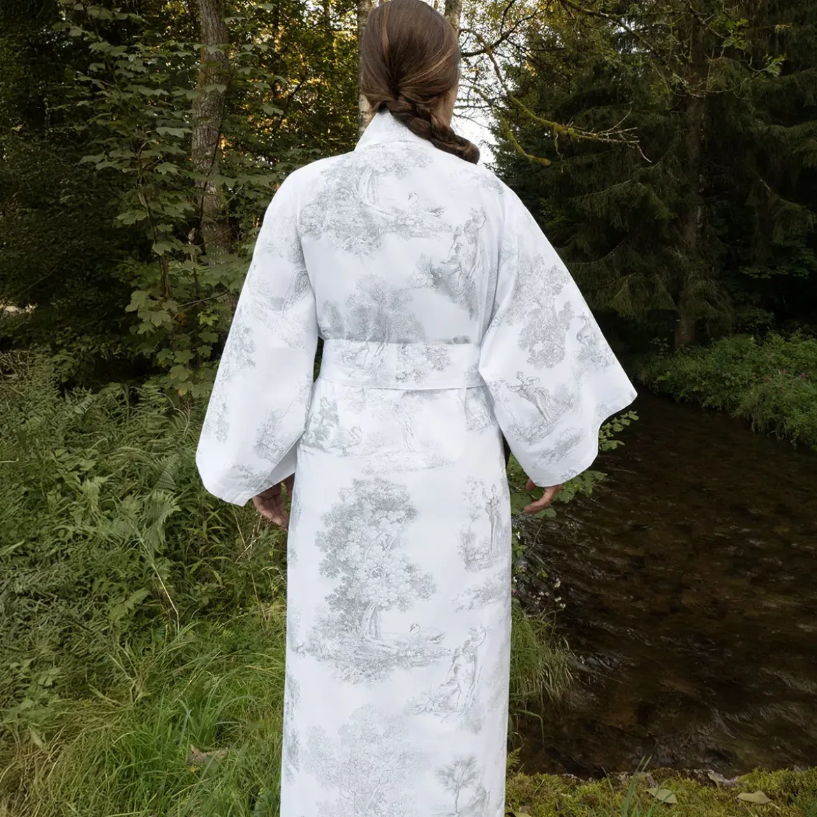 Kimono long percale de coton imprimé vert Poesie verde