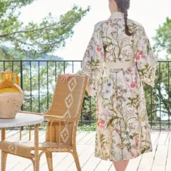 Kimono long satin de coton 115 g/m² imprimé multicolore Prairie legere beige