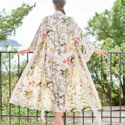 Kimono long satin de coton 115 g/m² imprimé multicolore Prairie legere beige
