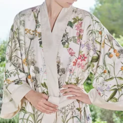 Kimono long satin de coton 115 g/m² imprimé multicolore Prairie legere beige