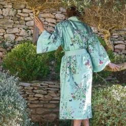 Kimono long satin de coton 115 g/m² imprimé bleu vert Le printemps azur