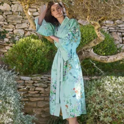 Kimono long satin de coton 115 g/m² imprimé bleu vert Le printemps azur