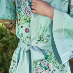 Kimono long satin de coton 115 g/m² imprimé bleu vert Le printemps azur