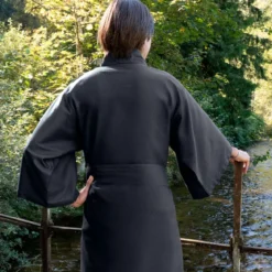 Kimono long satin de coton 130 g/m² motif jacquard anthracite Vibrato metal
