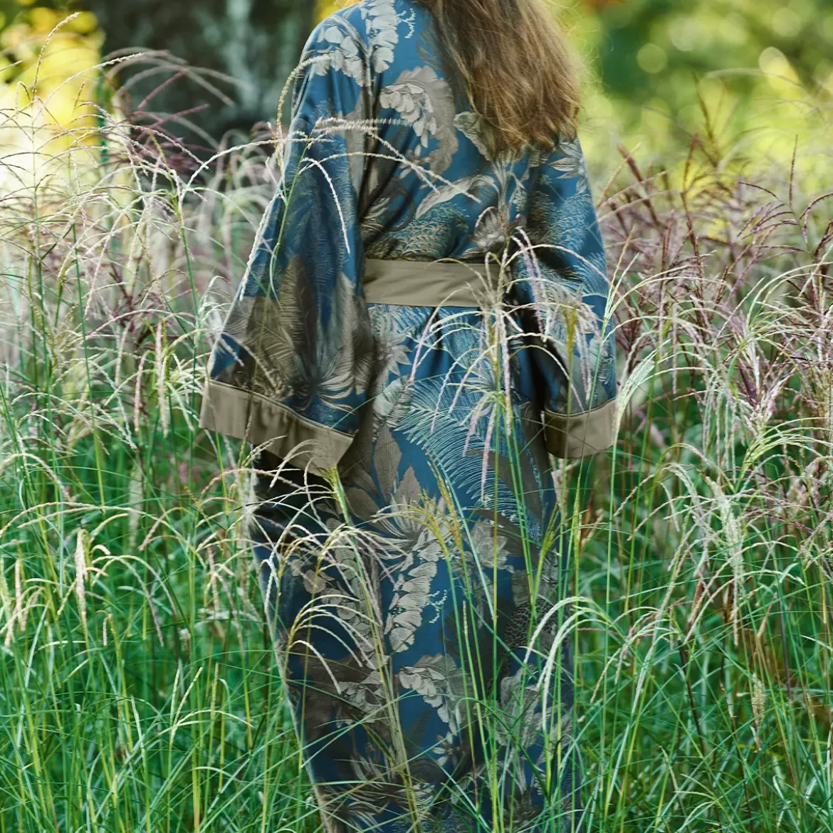 Kimono long satin de coton imprimé bleu Rainforest bleu dore