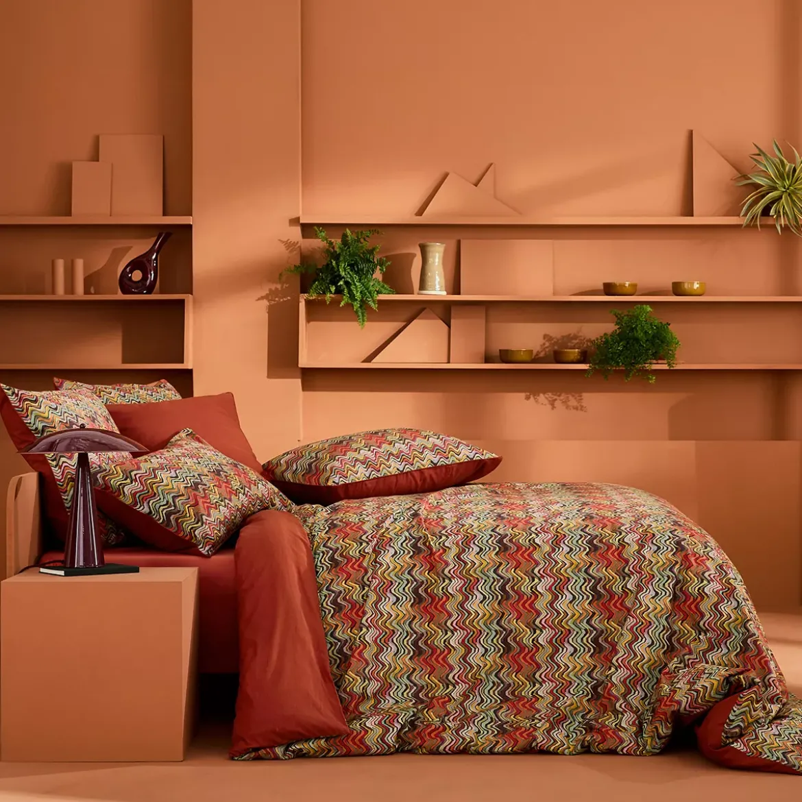 Lot de 2 taies percale de coton 115 g/m² imprimé orange brun Wavy pop