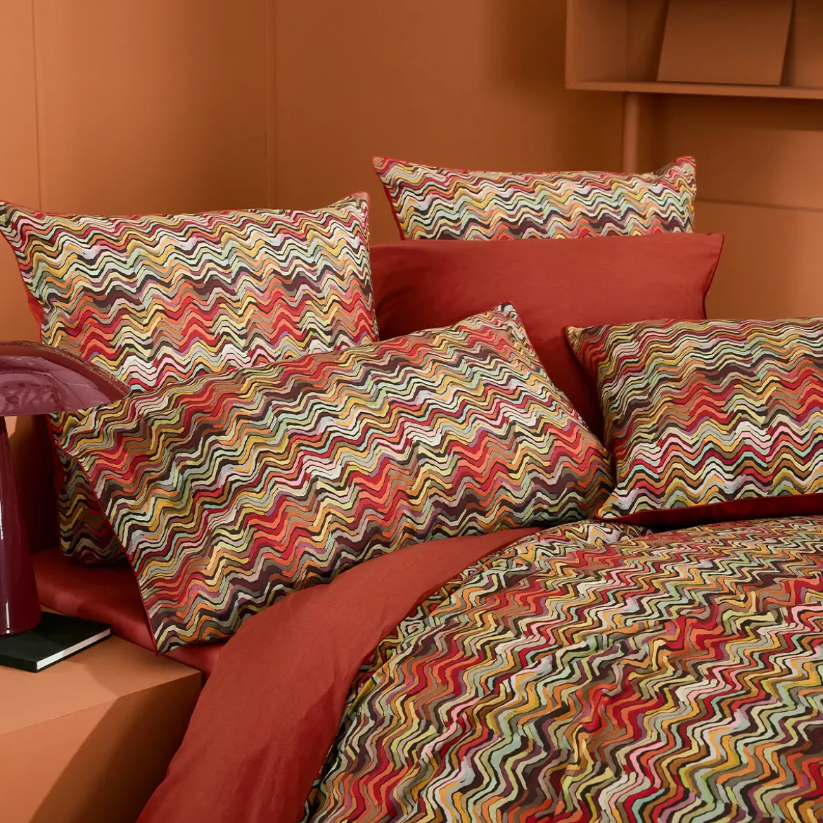 Lot de 2 taies percale de coton 115 g/m² imprimé orange brun Wavy pop