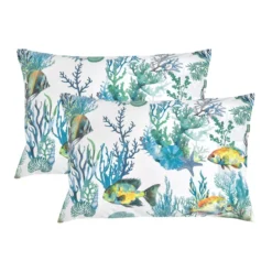 Lot de 2 taies percale de coton imprimé blanc bleu Naia blanc