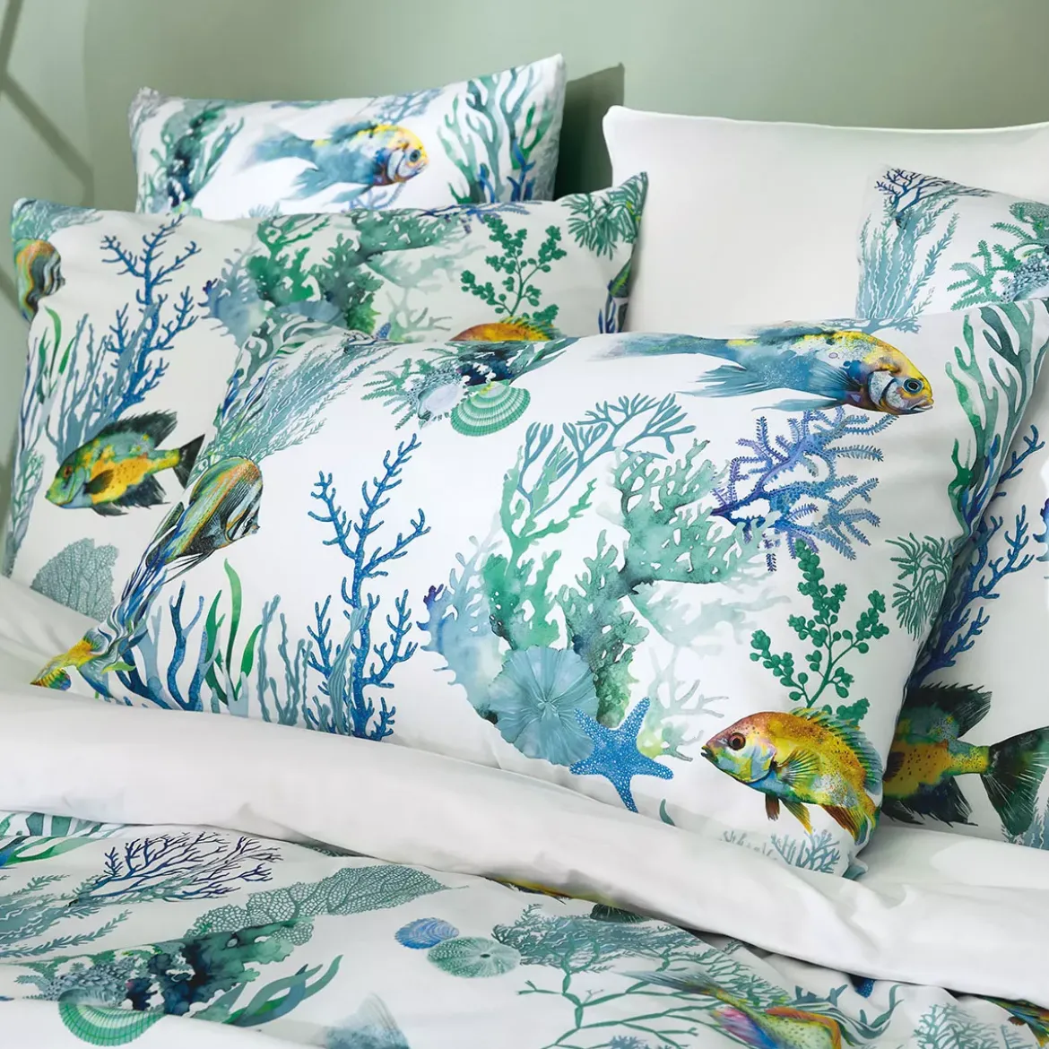 Lot de 2 taies percale de coton imprimé blanc bleu Naia blanc