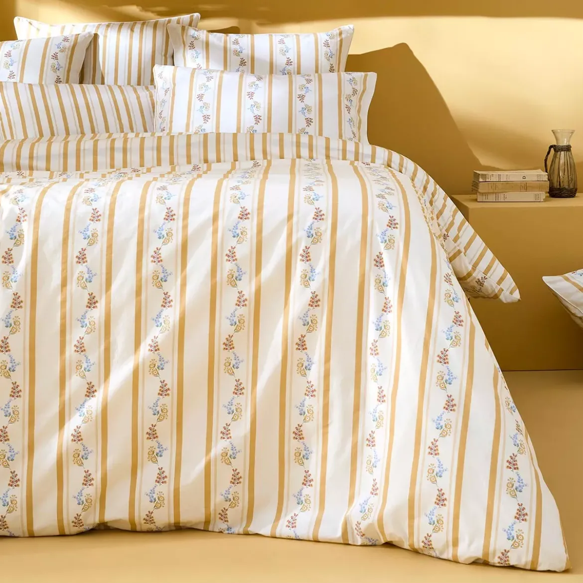 Lot de 2 taies percale de coton lavé rayé jaune beige Honfleur paille
