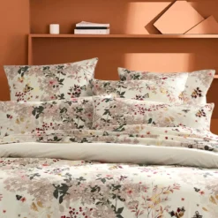 Lot de 2 taies percale de coton lavé 115 g/m² imprimé beige bordeaux Vintage flowers cranberry