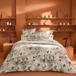 Lot de 2 taies percale de coton lavé 115 g/m² imprimé beige bordeaux Vintage flowers cranberry