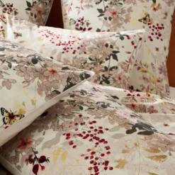 Lot de 2 taies percale de coton lavé 115 g/m² imprimé beige bordeaux Vintage flowers cranberry