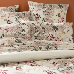 Lot de 2 taies percale de coton lavé 115 g/m² imprimé beige bordeaux Vintage flowers cranberry