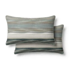 Lot de 2 taies satin de coton imprimé bleu vert Strates ecume