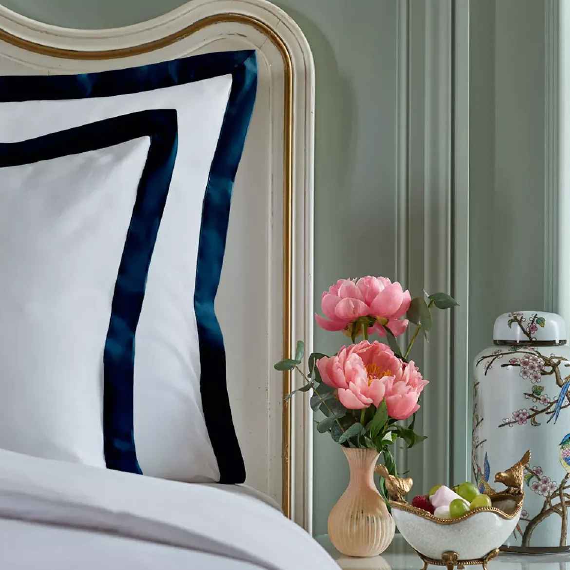 Lot de 2 taies satin de coton jeu d'unis blanc Suite heritage bleu