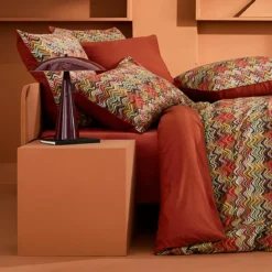 Lot h.couette +taies percale de coton 115 g/m² imprimé orange brun Wavy pop