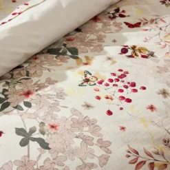 Lot h.couette +taies percale de coton lavé 115 g/m² imprimé beige bordeaux Vintage flowers cranberry