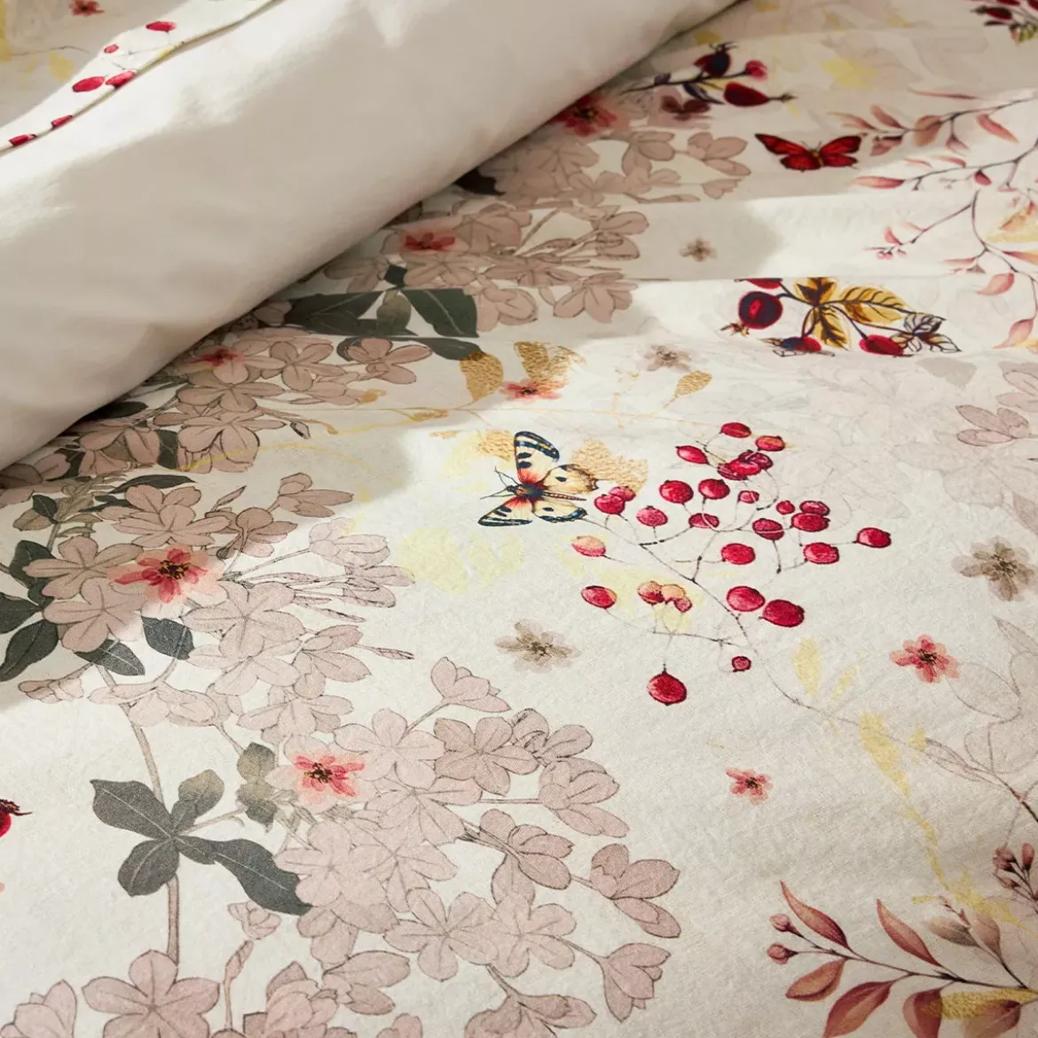 Lot h.couette +taies percale de coton lavé 115 g/m² imprimé beige bordeaux Vintage flowers cranberry