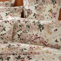Lot h.couette +taies percale de coton lavé 115 g/m² imprimé beige bordeaux Vintage flowers cranberry