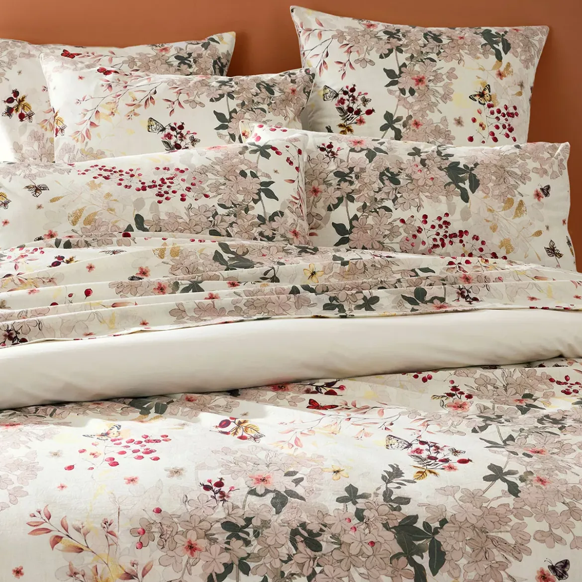 Lot h.couette +taies percale de coton lavé 115 g/m² imprimé beige bordeaux Vintage flowers cranberry