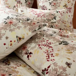 Lot h.couette +taies percale de coton lavé 115 g/m² imprimé beige bordeaux Vintage flowers cranberry