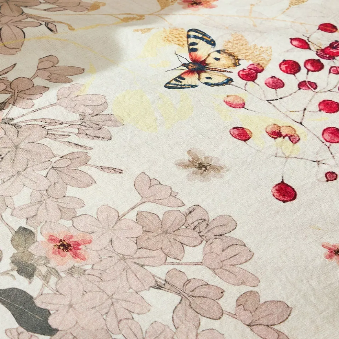 Lot h.couette +taies percale de coton lavé 115 g/m² imprimé beige bordeaux Vintage flowers cranberry