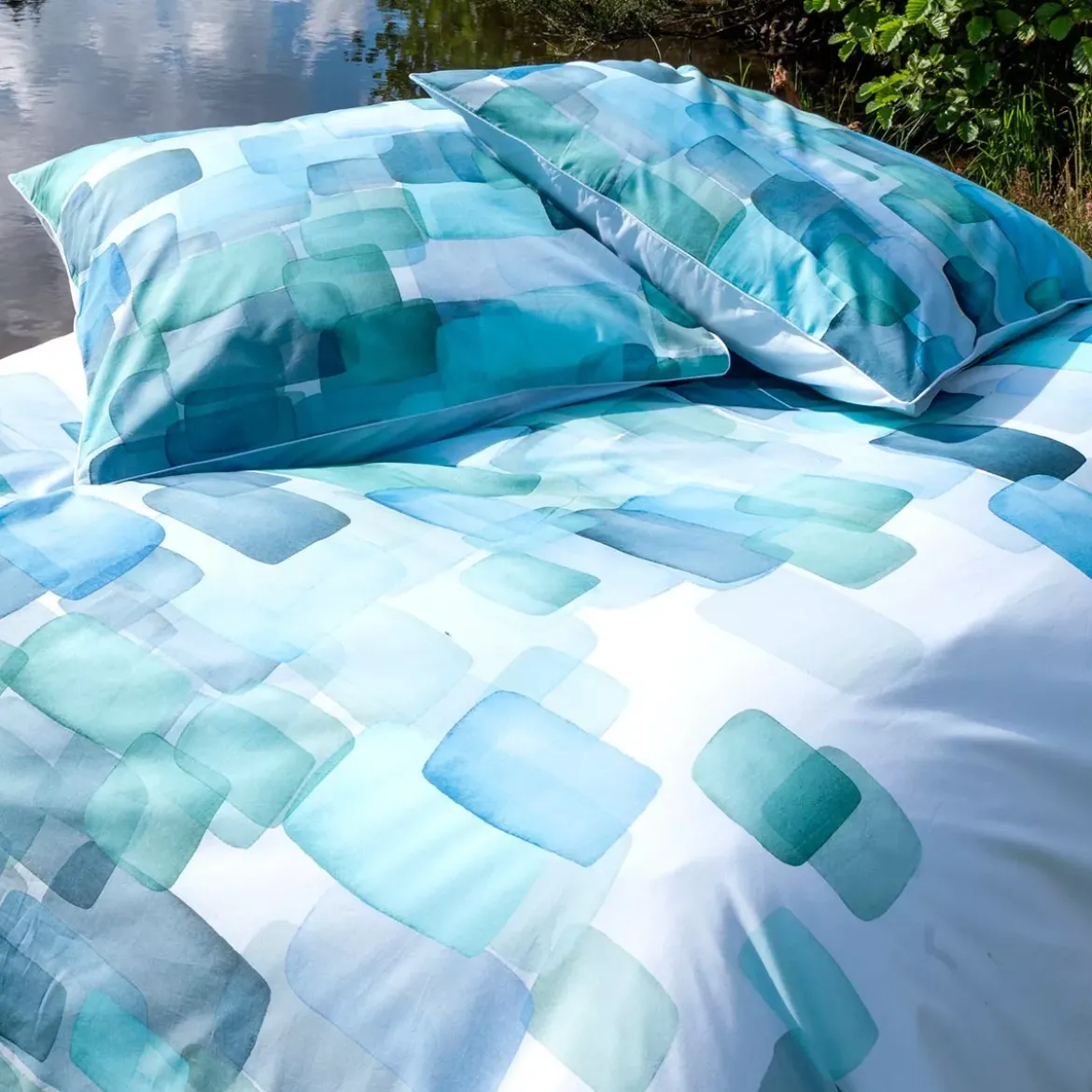 Lot h.couette +taies percale de coton 115 g/m² imprimé bleu vert Ondine mineral