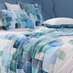 Lot h.couette +taies percale de coton 115 g/m² imprimé bleu vert Ondine mineral
