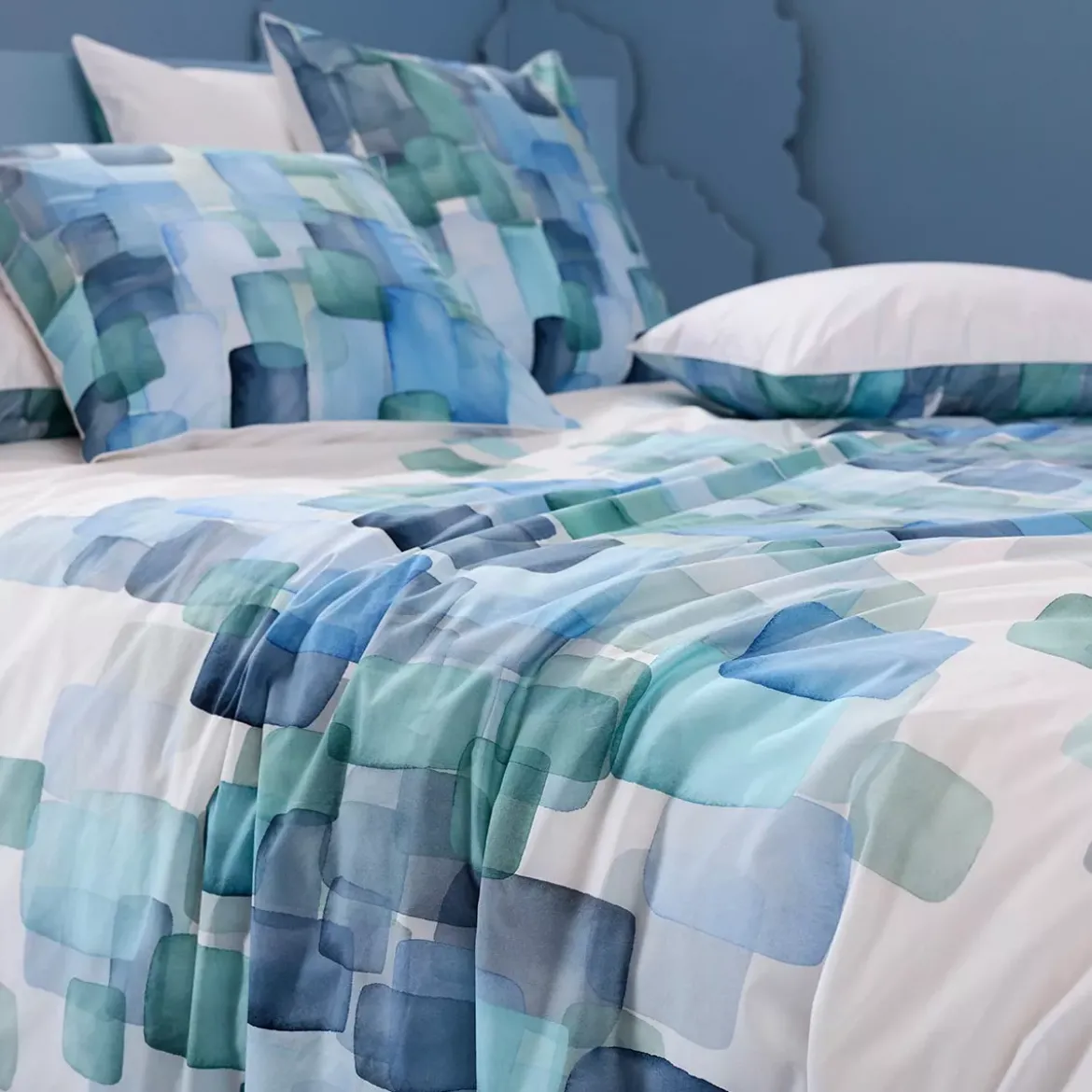 Lot h.couette +taies percale de coton 115 g/m² imprimé bleu vert Ondine mineral